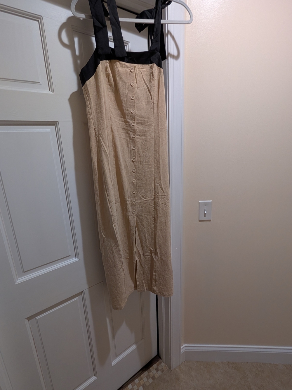 Beige Button-Front Midi Dress with Black Straps